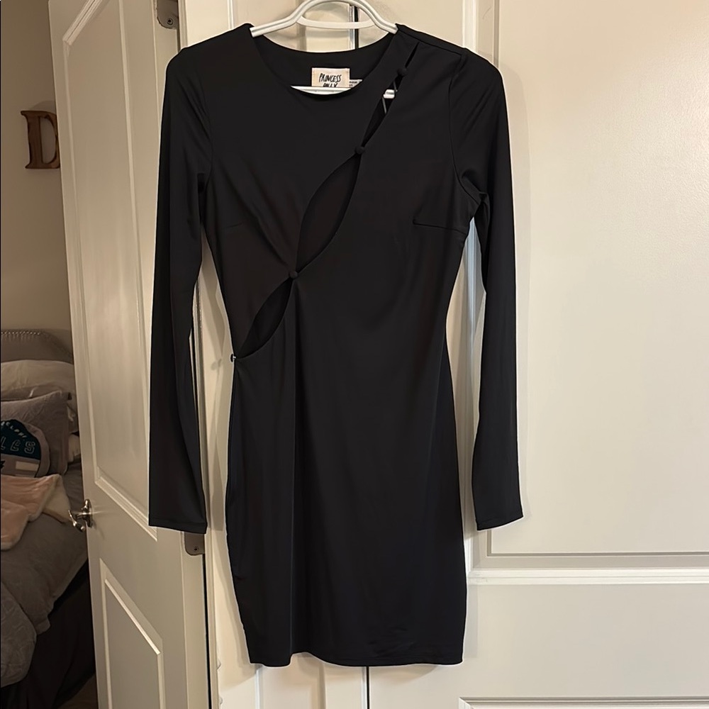 Black Long Sleeve Dress with open front detail